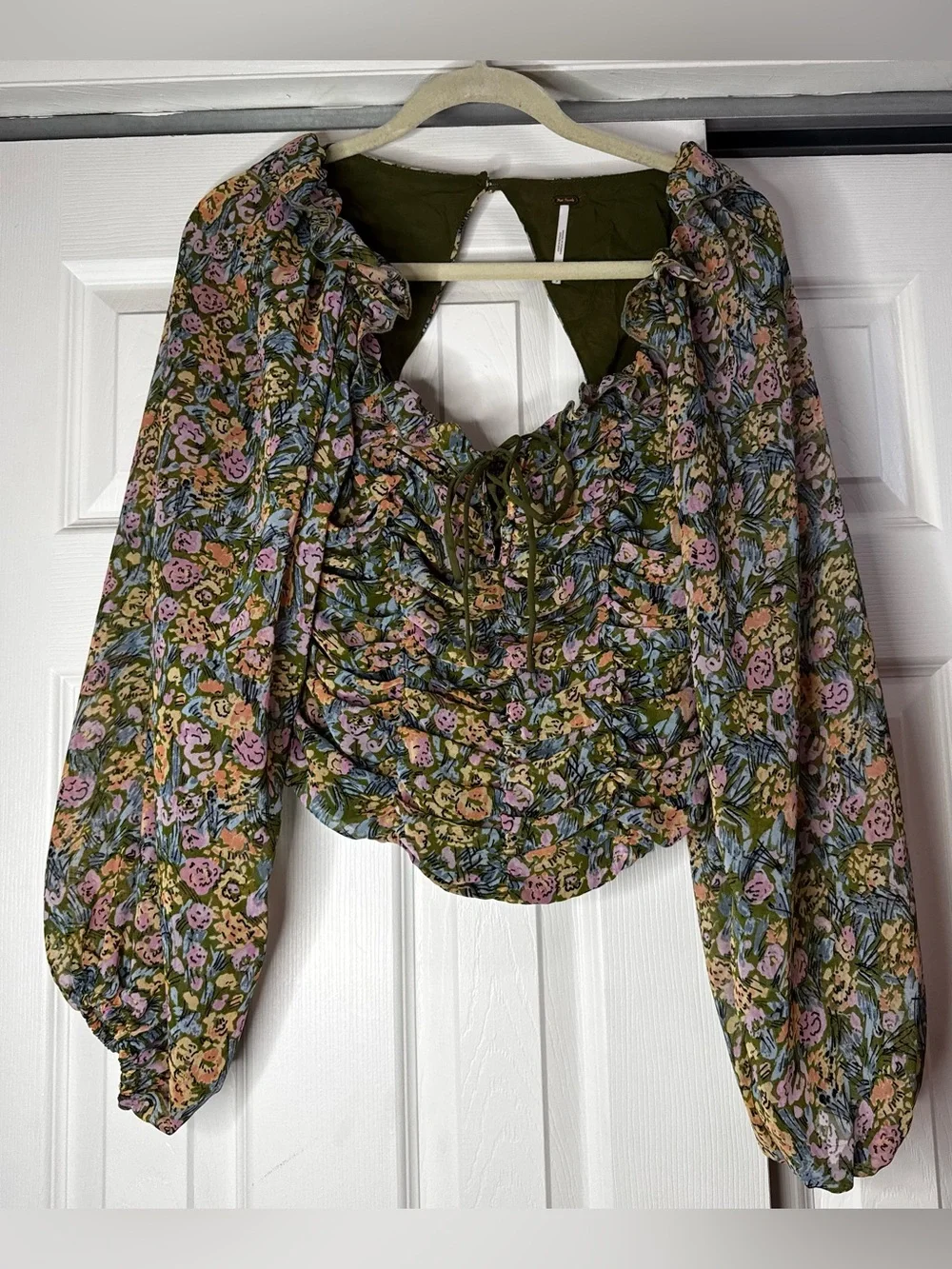 Free People Olive Green and Pink Floral Long Sleeve Ruched Blouse - Size S